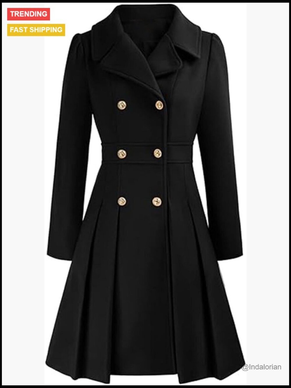 Double Breasted Trench Coat Notch Lapel A-Line Slim Flared Pleated Wool Blend